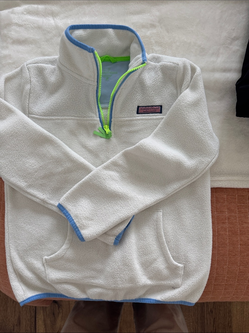 Vineyard Vines White Fleece Pullover with Blue Trim and Neon Green Zipper